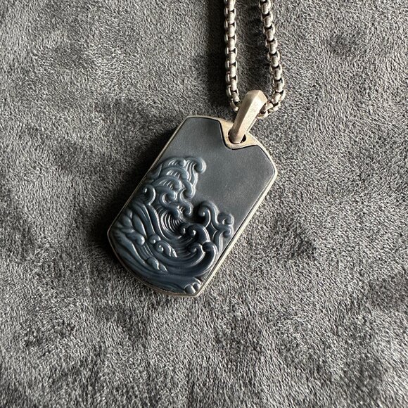 David Yurman Waves Dog Tag w/ Carved Agate & DY Small Box Chain Necklace 22" - Picture 4 of 13